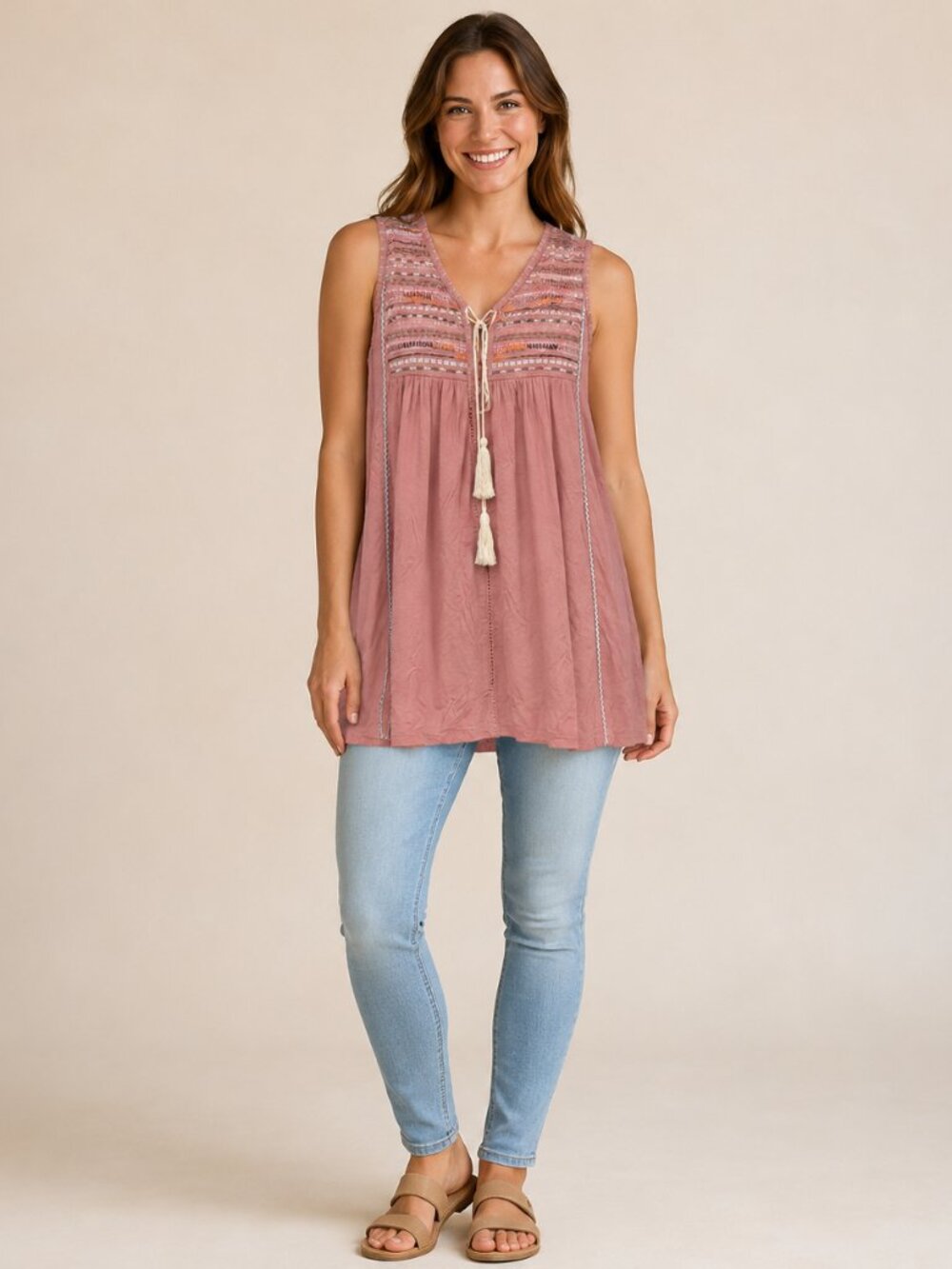 NWT POL Dusty Rose Embroidered Boho Tassel top Size M